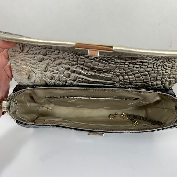 BRAHMIN Fold Over Clasp Shoulder Bag Clutch Crocodile Embossed Leather Silver - Picture 12 of 14